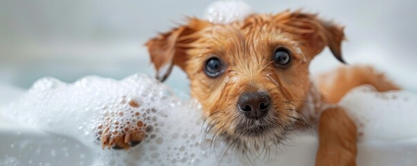 Cute dog happily bathes amidst bubbles and shampoo in a tub, perfect for advertising grooming salons and pet care products