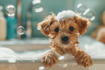 Funny puppy Dog takes a bath with shampoo and bubbles in the bathtub, concept for advertising a grooming salon