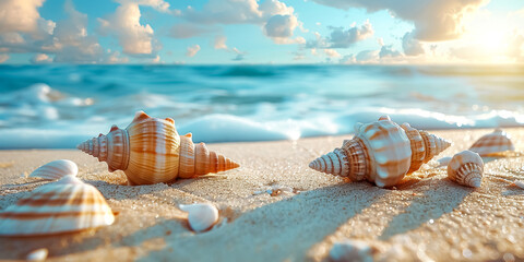 Shells on sandy beach. Tropical beach with sea shells on sand. Summer holiday concept