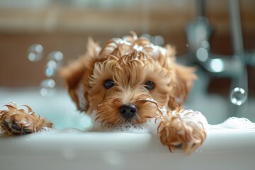Funny puppy Dog takes a bath with shampoo and bubbles in the bathtub, concept for advertising a grooming salon, care products for animal fur and skin