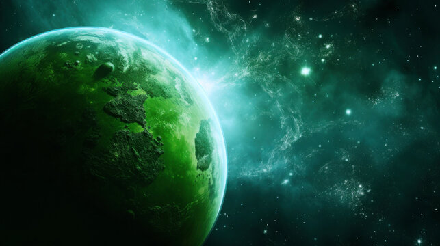 A green planet in space. Planet and stars in the galaxy. Planet Earth view from space. Close-up view of the surface of the planet. Universe and stars.