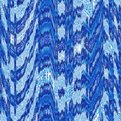 Indigo ikat dye stripe marled seamless pattern. Asian style wavy distort weave print in modern blue white. - 781271213