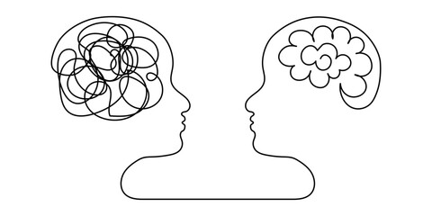 Continuous one line drawing of human brain and metaphor bipolar disorder, dual (split) personality concept. Patient and Psychologist. Editable stroke. Vector illustration 