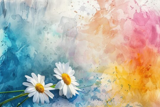 Vibrant watercolor painting of colorful daisies with splashes of paint on a bright background