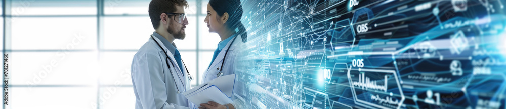 Poster two healthcare experts engage in a discussion in front of a high-tech digital screen displaying medi