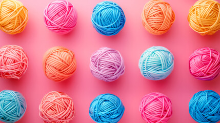 balls of colorful string rope, close-up, simple soft pink background, isometric, top view, clean background, minimalist