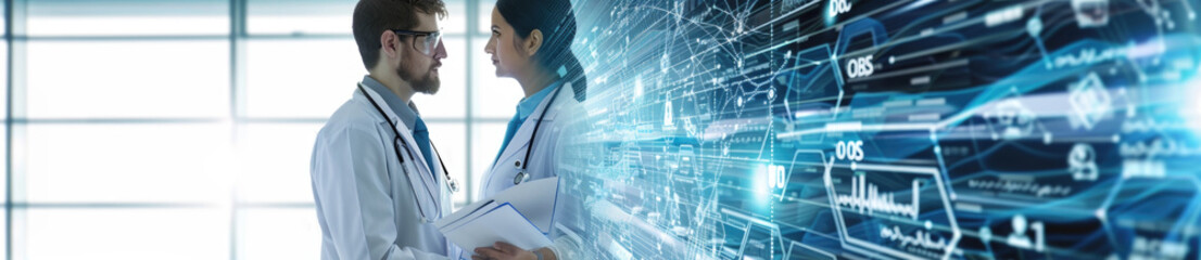 Fototapeta premium Two healthcare experts engage in a discussion in front of a high-tech digital screen displaying medical data
