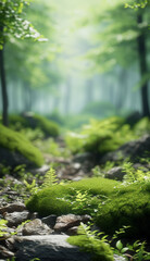 Fototapeta na wymiar Sunlit Mossy Forest Rocks and Leaves