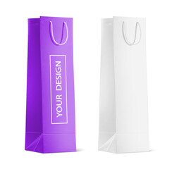 Shopping Bag Mockup. White paper packet bag with rope handles for wine bottle packaging. Pack supermarket or grocery store. Isolated on white transparent background. Vector illustration.