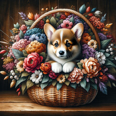 Cute Puppy dog breed Welsh corgi in basket with beautiful flowers
