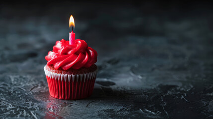 Aesthetic red cupcake with candle, dark background, copy space. Celebration anniversary concept. Generative AI