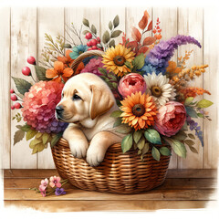 Cute Puppy dog breed Labrador in basket with beautiful flowers