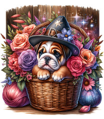 Cute Puppy dog breed bulldog in Halloween hat in basket with beautiful flowers