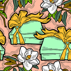 Gift box, ribbon and flowers seamless pattern for wrapping present with bow, party celebration, sale promotion, Textile print, fabric design, banner background. Hand drawn illustration cartoon style.