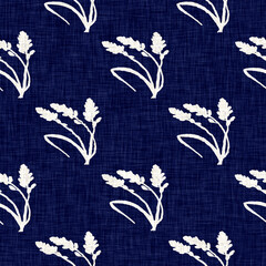 Indigo denim blue leaf motif seamless pattern. Japanese dye batik fabric style effect print background swatch.  - 781272274