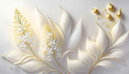 Abstrakcyjne białe kwiaty. Dekoracja na ściane. Wzór kwiatowy, deseń. Tapeta ścienna