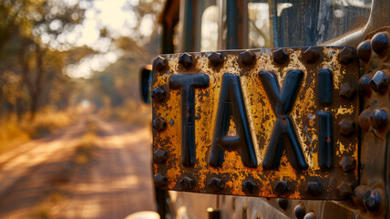 A weathered taxi sign on a rural road.