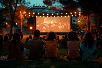 AI generated illustration of a group of friends watching an outdoor big screen at night