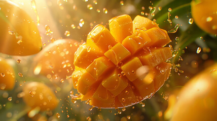 A ripe mango with water droplets.