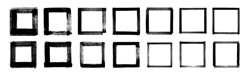 Set of vector hand- empty squares. Grunge ink brush stroke rectangles. Black line abstract geometric shape collection. Grunge punk rough edge frames. Text box black backgrounds. Distressed frames