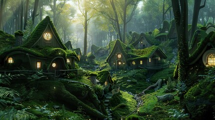 Magical Community Mossy Cottages - obrazy, fototapety, plakaty