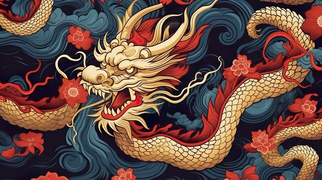 Captivating illustration of an Asian dragon swimming through a sea of delicate red flowers on a dark backdrop