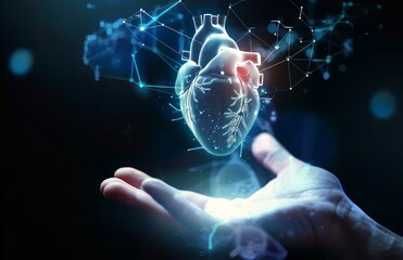 A glowing digital human heart floats above an open hand symbolizing futuristic healthcare and technology, Heart, hand, science, innovation concept