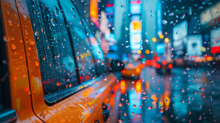 Yellow taxi on a rainy city street at night.