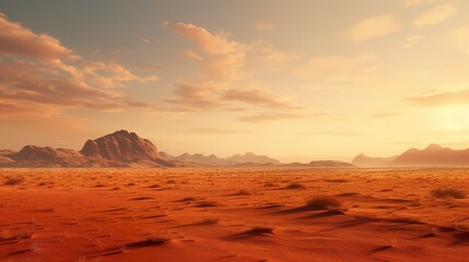 A serene and expansive desert landscape bathed in warm orange hues under a soft, hazy sky invoking tranquility