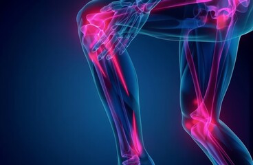 An X ray image of a knee showing highlighted areas of pain in red, Medical diagnosis, injury assessment, healthcare concept