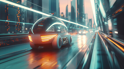 Futuristic self-driving Car/Taxi in a modern City 