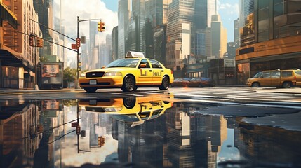 Iconic New York City taxi captured in a dynamic reflection on a rain-soaked street with urban skyline