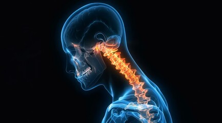 An X ray image of the head and neck showing areas of pain against a black background, Medical diagnosis, anatomy, healthcare concept