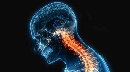 An X ray image showing the head and neck highlighted with areas of pain against a black background, Medical diagnostics, anatomy, healthcare concept