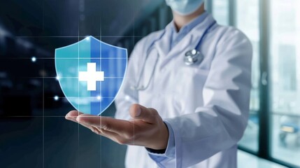 Fototapeta na wymiar A doctor hand holds a virtual shield with a medical cross symbol against a hospital backdrop Represents safety and protection in healthcare, Hospital, doctor, medical shield