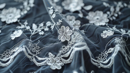 Photo of detailed lace fabric on a dark background.
