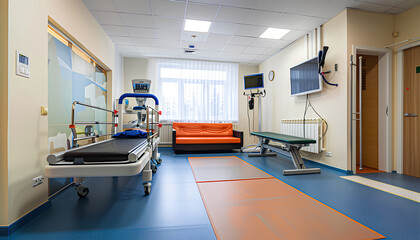 Interior of rehabilitation center with couch and equipment - obrazy, fototapety, plakaty