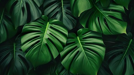 This image features a close-up view of dark green monstera leaves, conveying a feeling of lush rainforest foliage