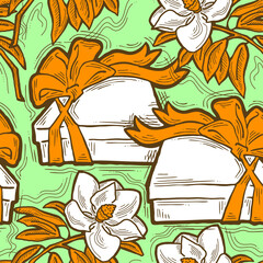 Gift box, ribbon and flowers seamless pattern for wrapping present with bow, party celebration, sale promotion, Textile print, fabric design, banner background. Hand drawn illustration cartoon style.