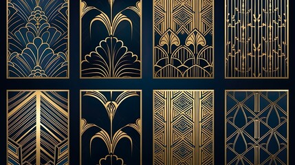A set of elegant art deco patterns with bold blue and gold contrasts for a lavish appearance
