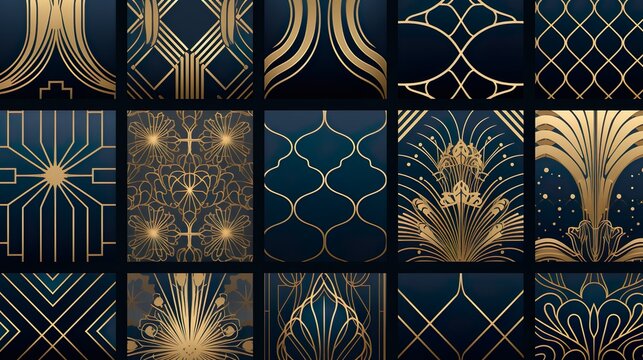 A collection of seamless art deco patterns with metallic gold designs over dark blue background