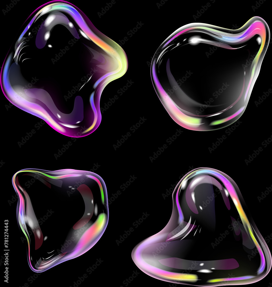 Poster iridescent bubble of different shapes design elements set. 3d glowing soap bubbles . realistic trans