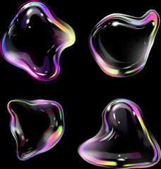 Iridescent bubble of different shapes design elements set. 3D Glowing soap bubbles . Realistic Transparent liquid abstract shapes. Set of shiny drops