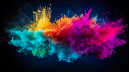 This image depicts a stunning, dynamic explosion of multicolored powder against a stark black backdrop, offering a display of energy and vibrancy