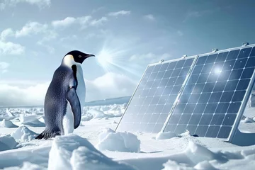 Tuinposter A penguin stands in the snow in Antarctica near a solar panel on a sunny day. Ecoenergy © Maryna