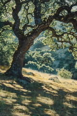 Fototapeta premium A painting depicting a tall tree with green leaves standing in a field of grass under a clear sky