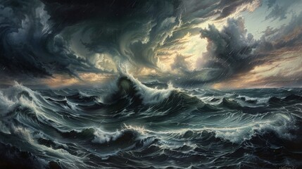 Depict the dramatic dance of stormy ocean waves, their ferocity and might against the backdrop of a darkening sky. It's nature's powerful display of force and beauty intertwined