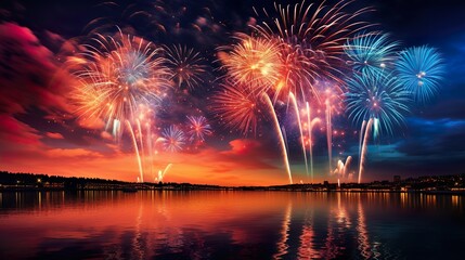 Fototapeta premium An enchanting display of assorted fireworks embellishes the dusk sky with a reflection over a tranquil lake, radiating a sense of celebration