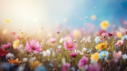 A natural spring scene featuring a variety of colorful wildflowers, bathed in the warm glow of sunlight with a blue sky background