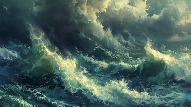Depict the dramatic dance of stormy ocean waves, their ferocity and might against the backdrop of a darkening sky. It's nature's powerful display of force and beauty intertwined
